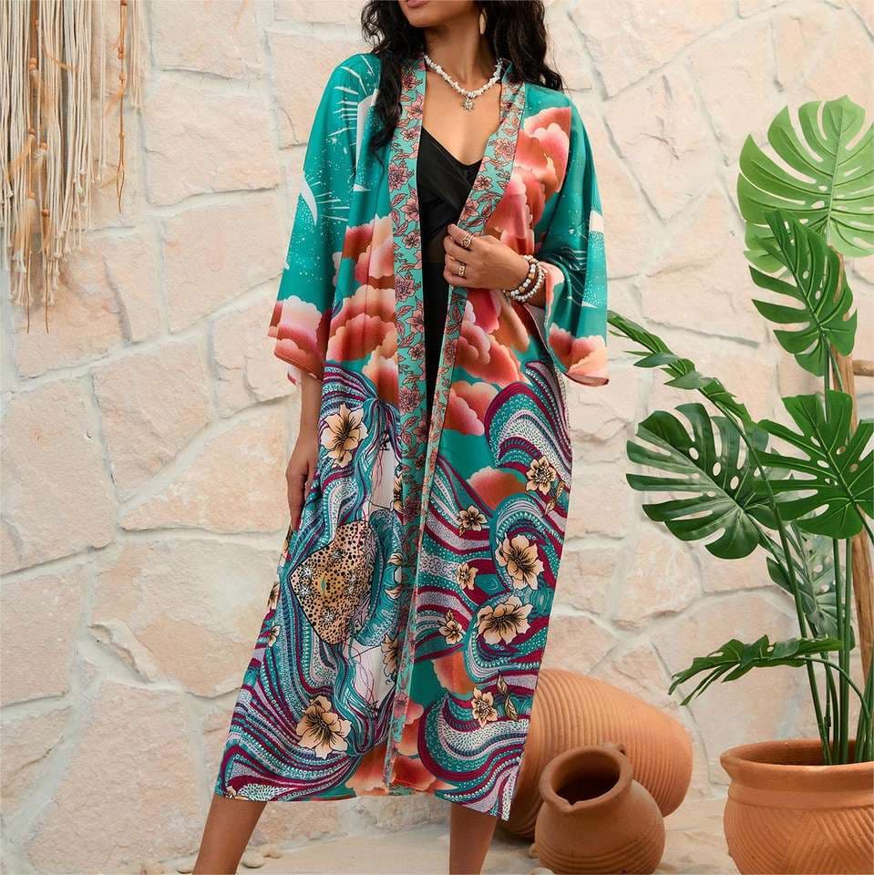 Flower Printed Waist Shirt Wholesale Sun protection Cardigan Long Dress Bikini Beach Cover up Manufacturer