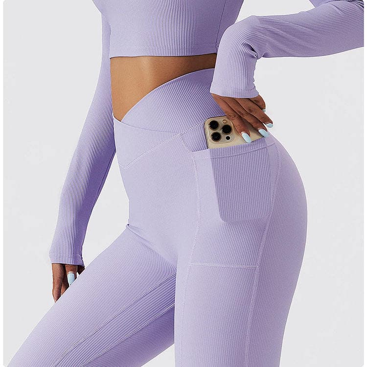 Plain Color High Waist Fitness Tight Hip Lifting Pocket Ribbed V Waist Yoga Leggings