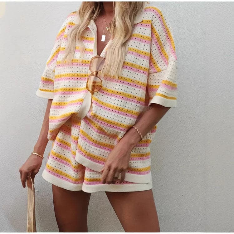 Wenshuo Hollow Short Sleeve Top Wholesale Elastic Waist Shorts Custom logo Casual Striped Suit Factory Direct