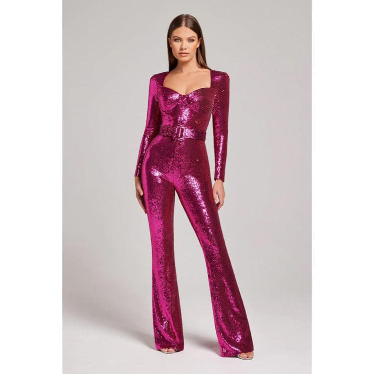 New Long Sleeve Jumpsuits Sequins Belt Floor Pulling Jumpsuit
