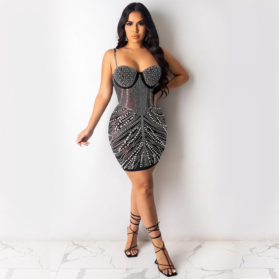 2023 Fashion Club Short Dress Tube Top Halter Crystal Skirt v Neck Pearls Sexy Skirt Ladies Sexy Club Dress