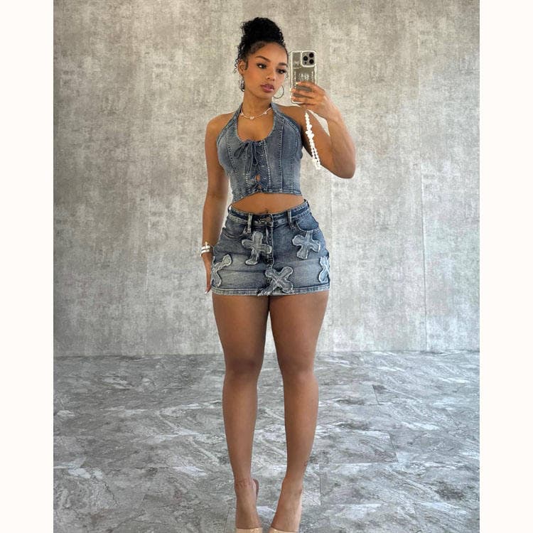Halter Sexy Top Wholesale Waist Baring Mini Skirt Custom logo Denim Women Suit Factory Directly