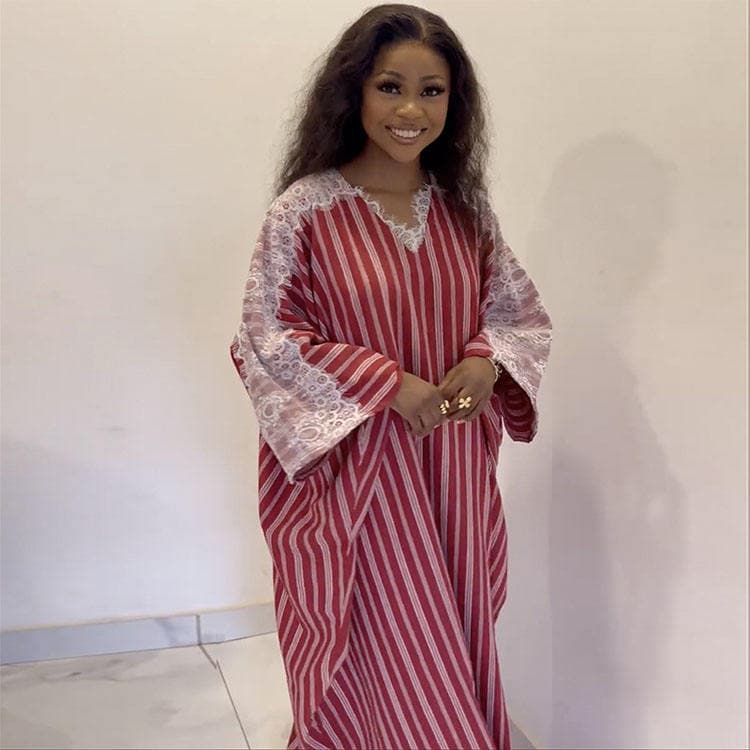 Wenshuo 2026 Summer New Fashion Lace V Neck Striped Maxi Dress Plus Size Women Casual Dress Loose Floor Length Women Dress