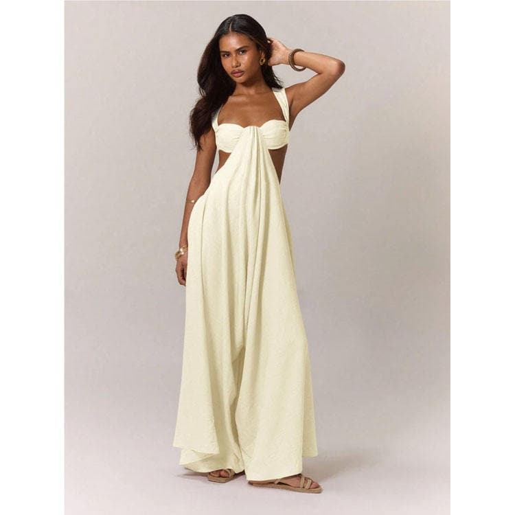 XS-XXL Women Jumpsuit New Casual Style Lace up Halter Neck Trendy Jumpsuit Solid Color Backless Sexy Long Jumpsuit