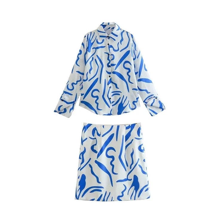 Autumn New Street Fashion High Quality Printed Long Sleeved Shirt Printed Short Skirt Suit Women