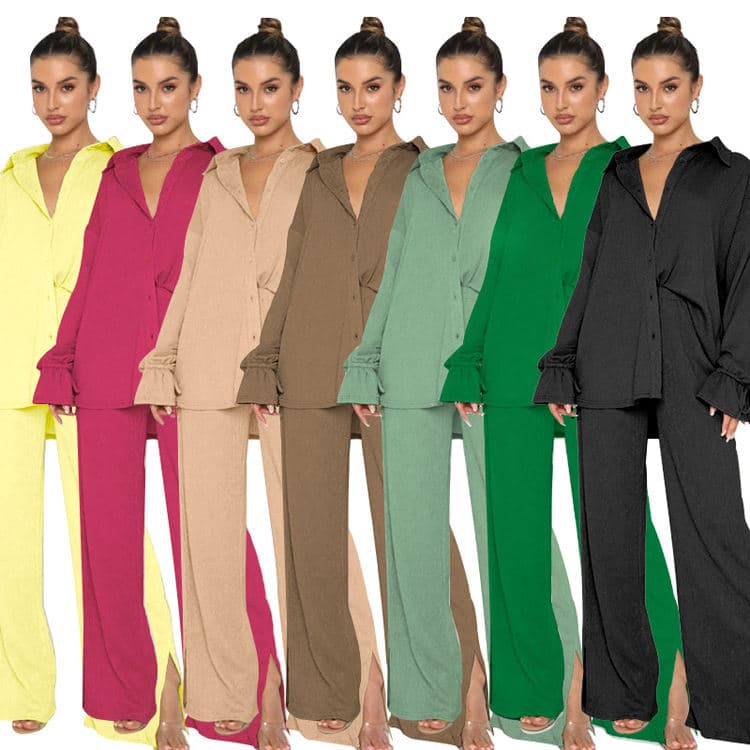 Autumn and Winter New Solid Color Lapel Suit Single Row Tie Button Long Sleeve Casual Suit Tie Top Fashion Pants Suit
