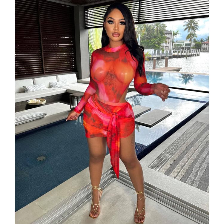 Hot Sale Short Skirt Suit Print Sexy Mesh Skirt Suit