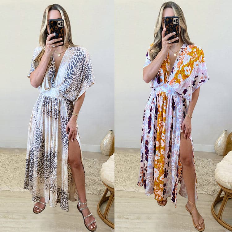2024 New Bat Sleeves Flower Printed Long Beach Dress v Neck Sexy Dress for Women Leopard Print Slit Holiday Dress