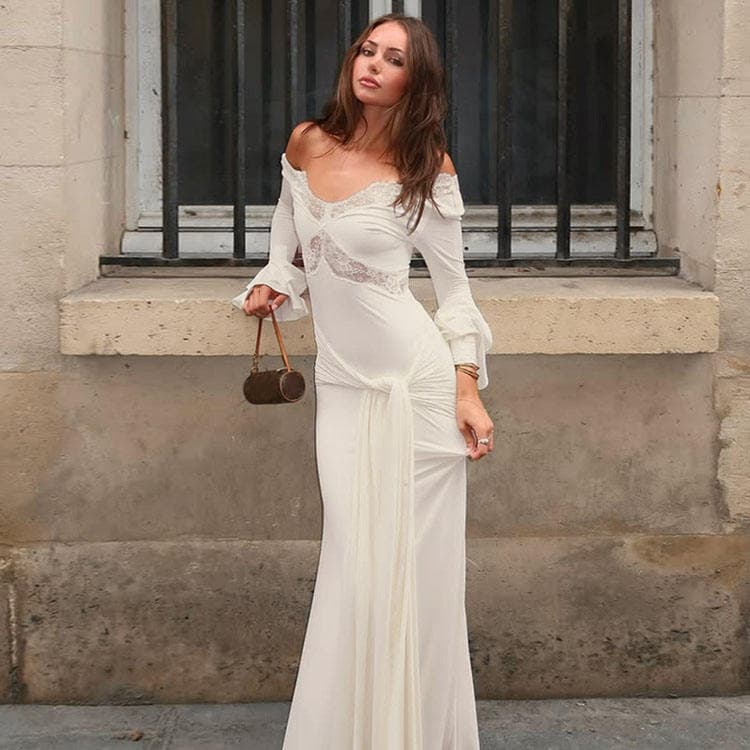 Wenshuo Ruffled Maxi Dress Wholesale Hollow Lace Dress Custom logo Casual V Neck Dress Factory Directly