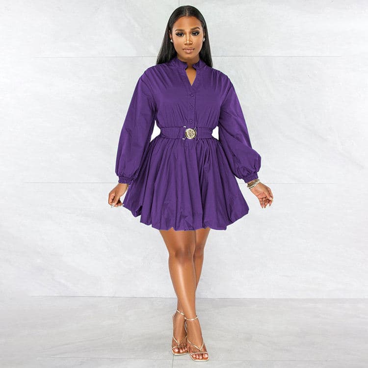 New Solid Color Standing Neck Dress Half Cardigan Long Sleeve Dress Fashion Tie Waist Short Dresses
