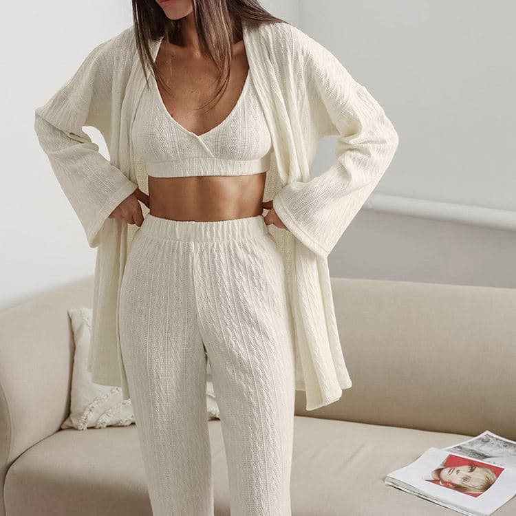 Autumn Long Sleeve Knitted Thermal Pajamas Loose Three Piece Set Casual Women Homewear