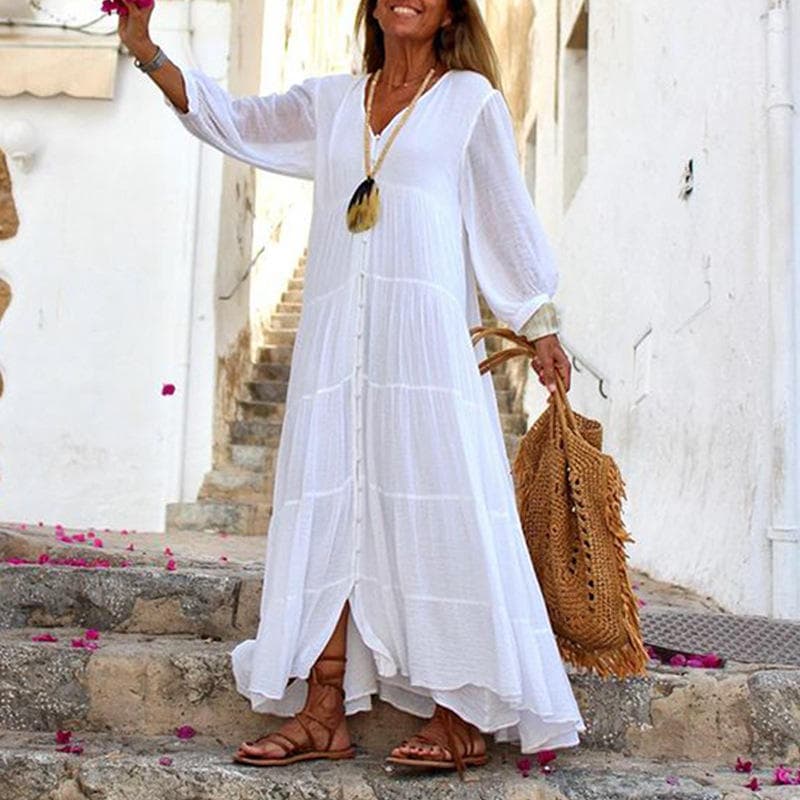 Women's Summer and Autumn Solid Color V -neck Loose Long -sleeved Cotton and Linen Dress