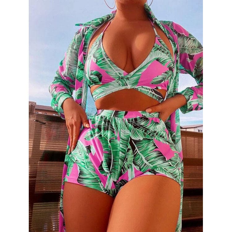 2023 New Tropical Plant Print Halter Backless High Waist Three Pieces Bikini Women Swimwear