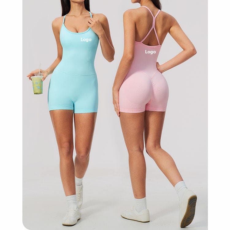 90 Nylon 10 Spandex Seamless Activewear Cross Back Sleeves Shorts Yoga Jumpsuit