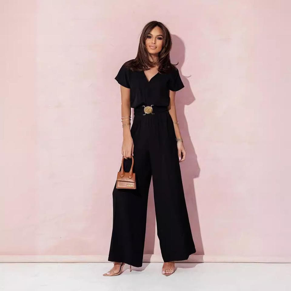 Solid Color Waist Short Sleeve V Neck Set Loose Straight Jumpsuit Factory Directly Fashion Women Suits Wholesale