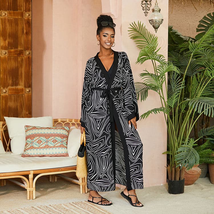 2023 Beach Cover Ups Rayon Cotton Belt Holiday Sunscreen Long Sleeve Cardigan Kaftan