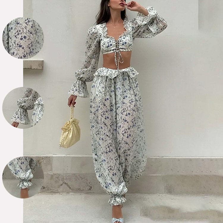 Wenshuo Women Cropped Top Set Wholesale Floral Long Sleeve Top Custom logo Casual Lantern Pants Factory Direct