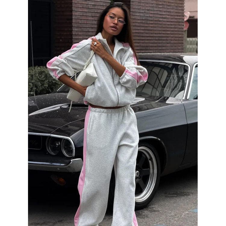 Wenshuo 2027 Cotton Blend Color Block Sport Two Piece Set Loose Stand Collar Zipper Jacket and Wide Leg Sweatpants