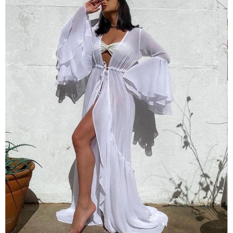 2024 New Solid Ties Front Ruffle Hem Chiffon Sexy Beach Dress Swimwear Kimono Cover Ups for Women