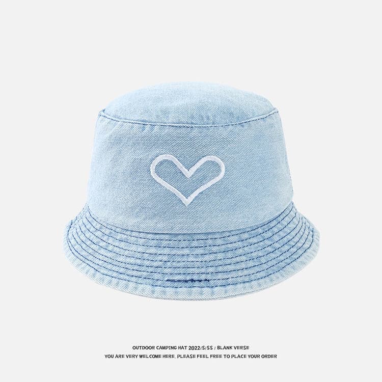 Fashion Washed Denim Love Embroidered Fisherman Hat Sunshade Sunscreen Leisure Versatile Street Bucket Hat