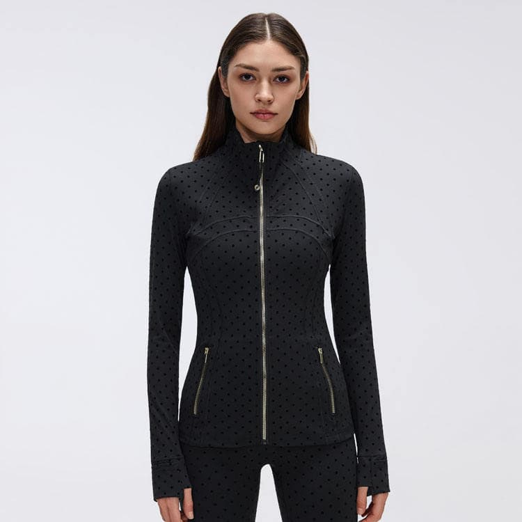 Brushed Fitness Jacket Stand Collar Full Zipper High Waist Compression Flocked Polka Dot Yoga Jacket