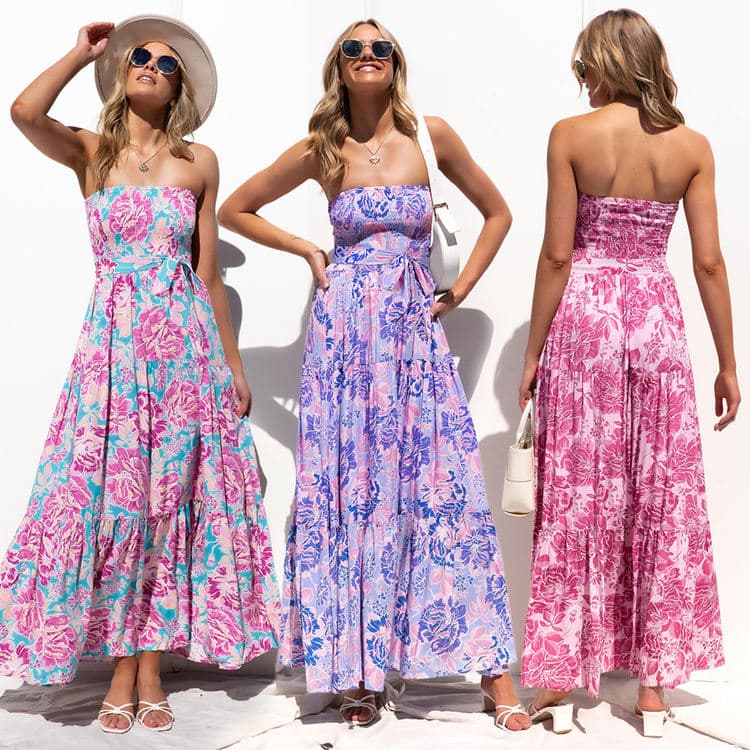 Wrap Chest Sexy Backless Lace up Dress Floral Long Skirt Cross Border Foreign Trade Wholesale