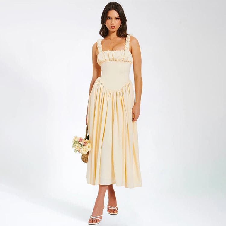Hot Selling New Spring Women Dress Temperament square Neck Casual Dress Zipper Women Slim Long Pleated Dress