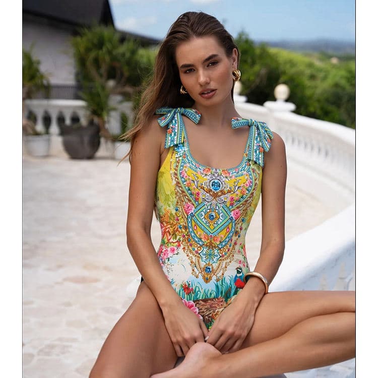New Vintage Beachwear Bright Yellow Garden Print Bikini with Skirt Swimsuit Set for Women