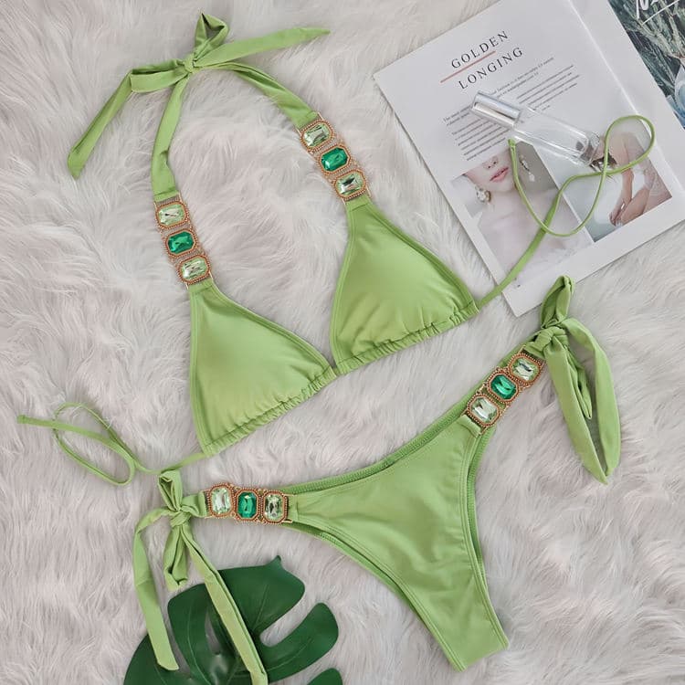 2025 Hot Ins Jewel Solid Color Sexy 2 Piece Bikini Rhinestone Thong Backless Swimsuit