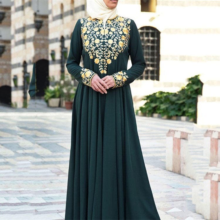 2023 Spring New Casual Muslim Simple Ethnic Style Printed Fashion Robe Long Dress Pleated Dress
