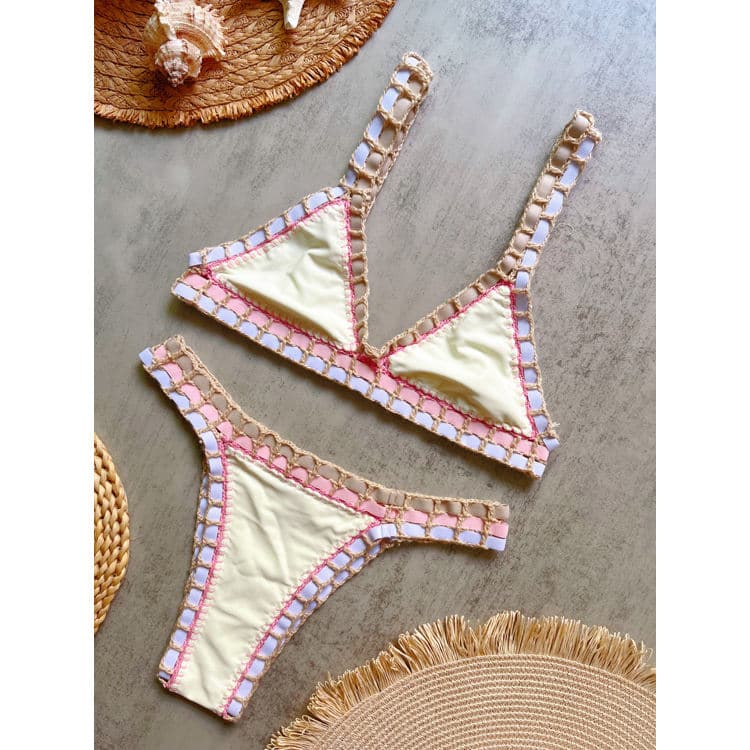 2026 New Arrival Brazilian Bikini Women Hand-Crocheted Solid Color Swimsuit Colorful Elastic Straps Bikini Beach Set