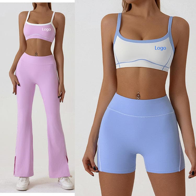 Nude Feel High Elastic Color Blocked Sports Bra Butt-lifting Fitness Flared Pants 2 Piece Yoga Workout Set