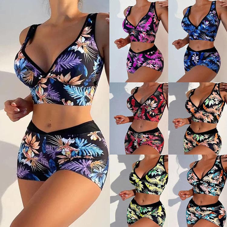 2024 New Floral Sexy Printed V Neck Shaped Boxer Briefs Women Split Bikini Swimsuit