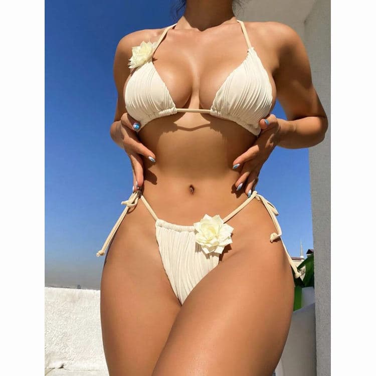 Sexy 3D Floral Micro Bikini 2024 Women Cute Style Swimwear Thong Bikinis Set Solid Color Bathing Suit