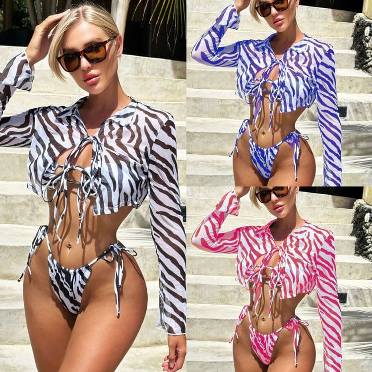 2023 New Stripe Print Swimsuit Drawstring Strap Bikini Sexy Three Piece Swimsuit