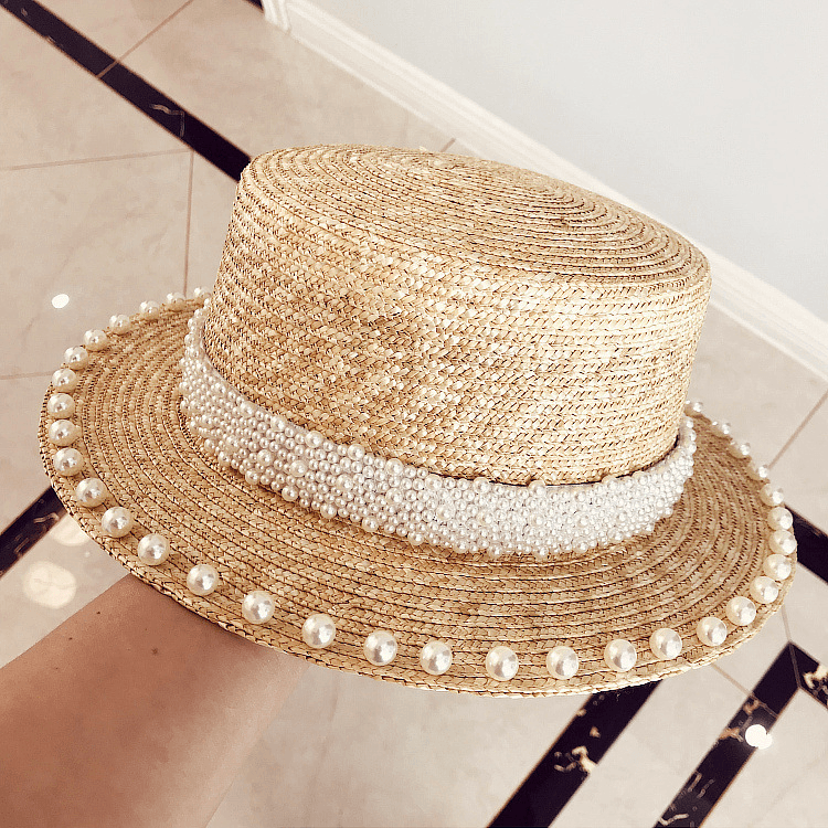 Elegant Retro Pearl Straw Hat Flat Top Beach Hat Hepburn Straw Hat