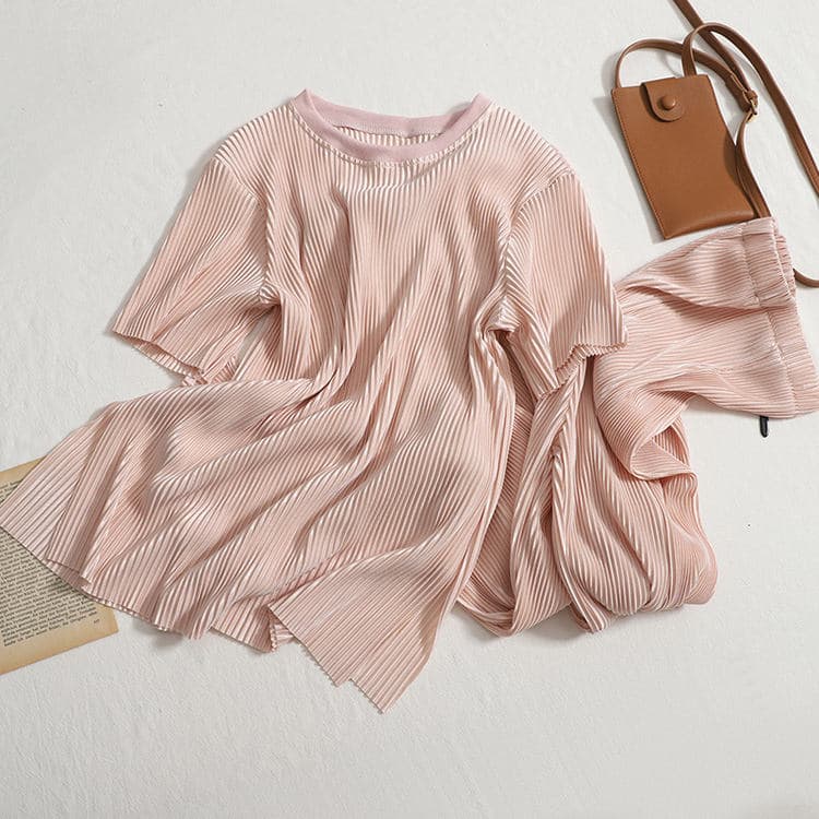2022 Summer Hot Comfortable Solid Color Ruffle Round Neck Tops and Open High Waist Pants 2 Pieces Women Set