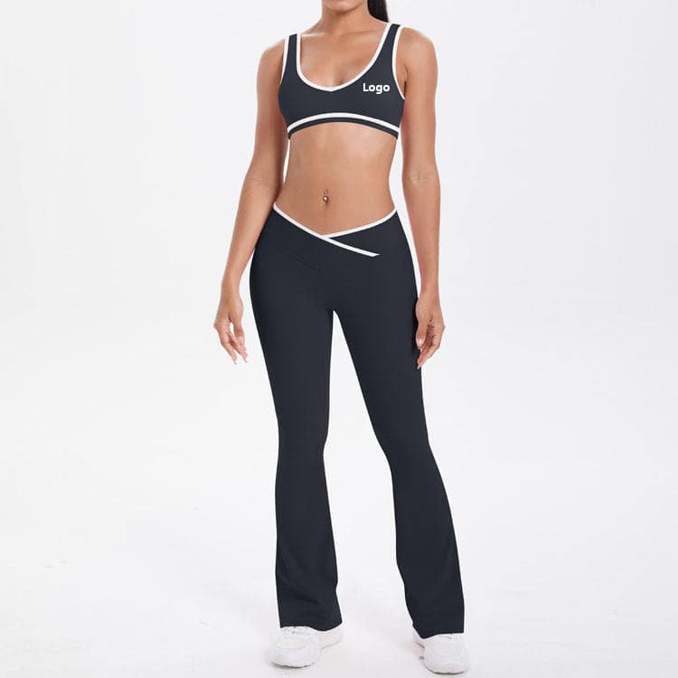 Nude Feeling Workout Set Block Color Bra and Cross Waist Flare Legging White Binding 2 Piece Yoga Set