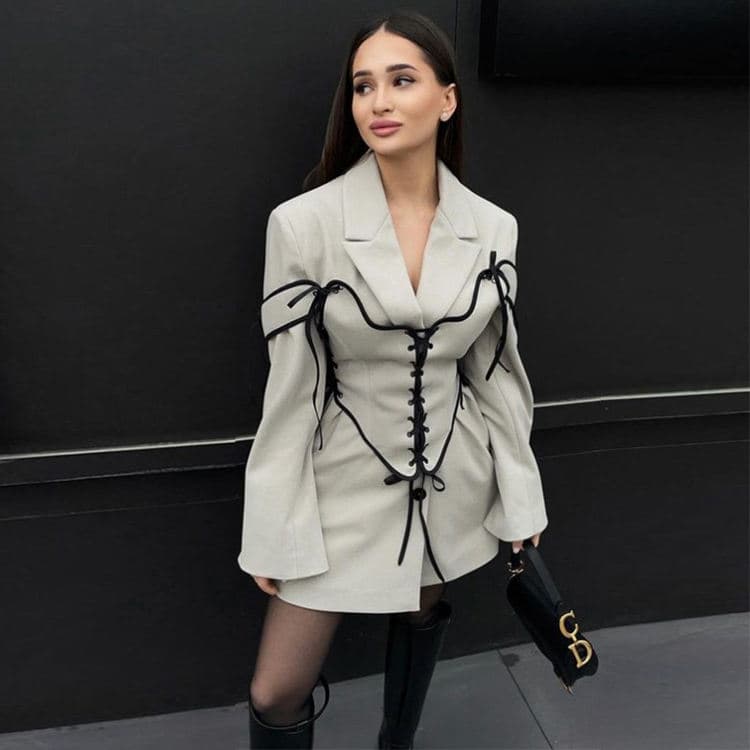 Woman Coat Spring Tweed Blazer with Belted Waist Office for Spring Commute