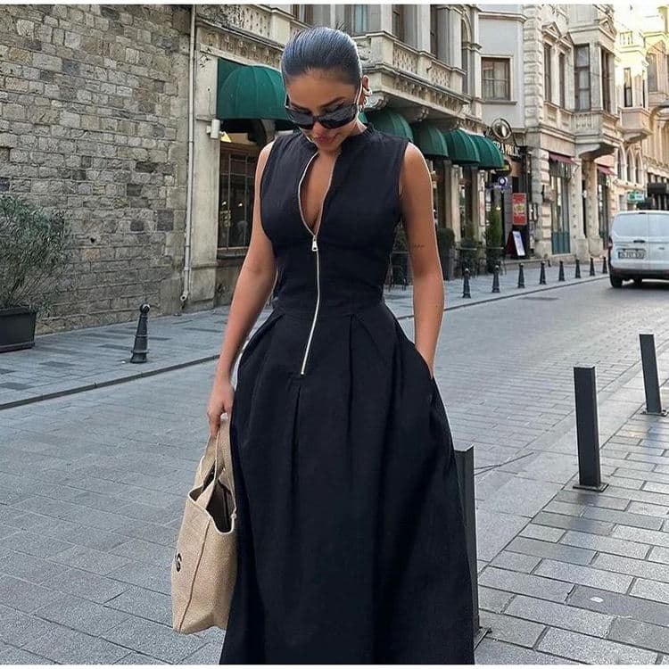 Customized High Waisted Solid Color Sleeveless Zipper Dress Fashionable Slim Fit Commuting Long Dress