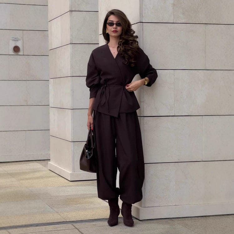 Wenshuo V Neck Long Sleeved Top Wholesale Loose Trousers Custom logo Solid Color Suit Factory Direct