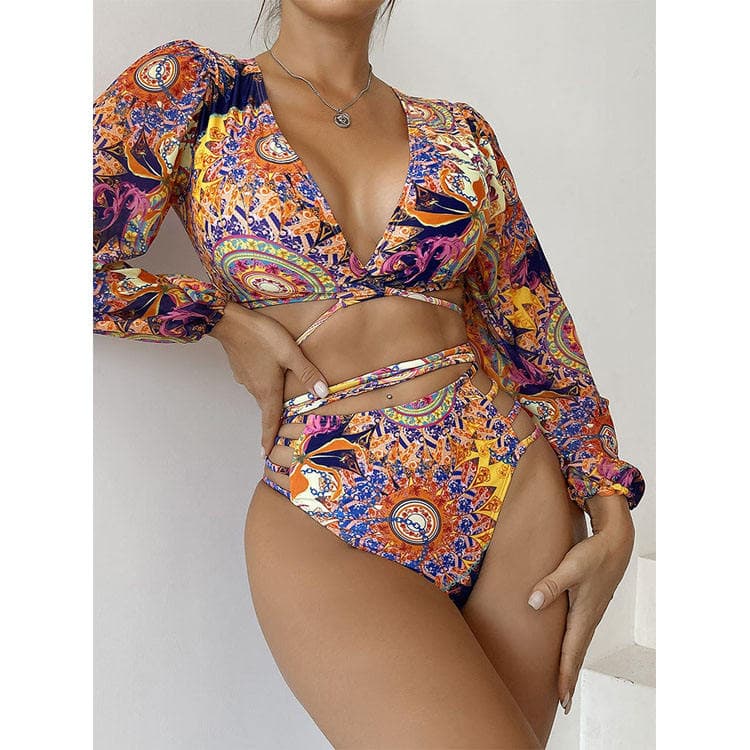 New Fashion Sexy Deep V Bikini Vintage Printed Swimsuit Sexy Hellow Swimwear