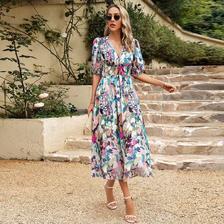 2023 Elegant Women Chiffon Dresses a Line Deep v Neck Waist Wrap Floral Dresses Women Holiday Beach Dress