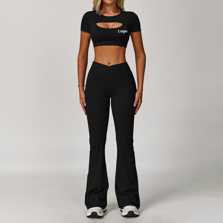 Nude Feel Workout Set Short Sleeves Crop Top and Legging 2 Piece Fitness Yoga Set
