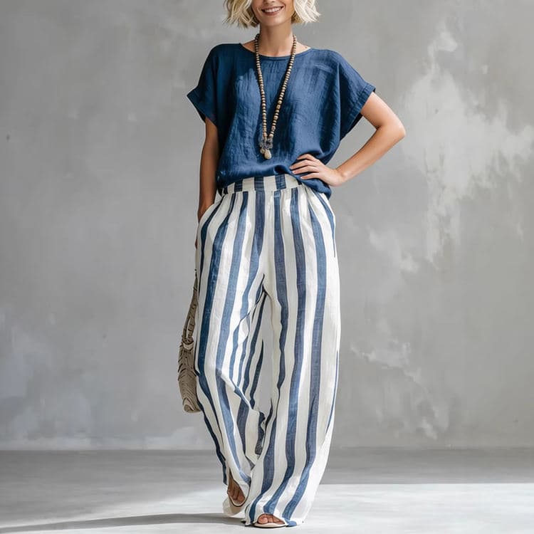Wenshuo Casual Short Sleeve Top Wholesale Striped Straight Trousers Custom logo Loose Women Suit Factory Directly