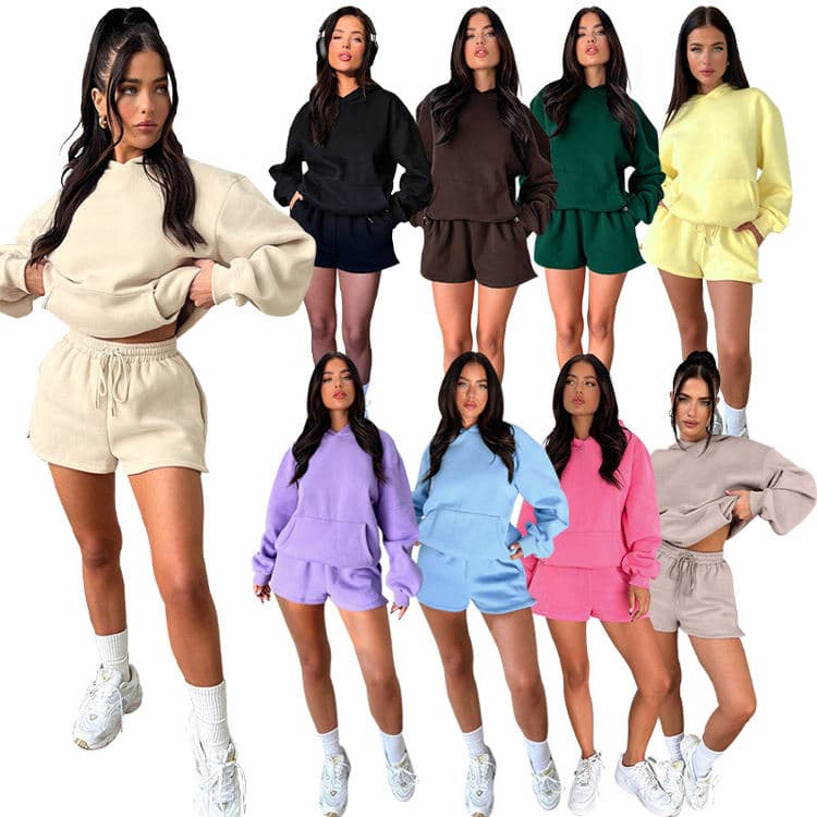 Autumn and Winter New Two Piece Sweater Set Solid Color Long Sleeve Shorts Jogging Suit Hooded Sweater Set