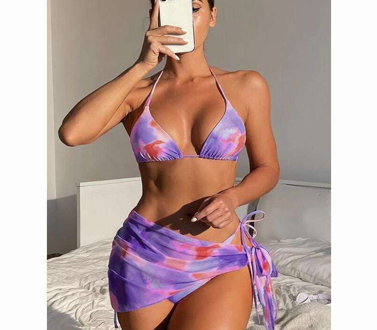 Gradient Color Three Piece Bikini Swimming 2024 New Fashion Bather Print Slim Light Summer Beach Swimsuit Set