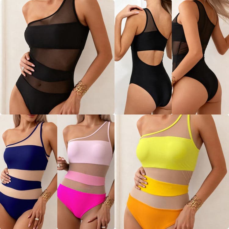 New Solid Color Fashionable Cutout Bikini Sexy High Cut One Piece Swimsuit One Shoulder Bikini for Women