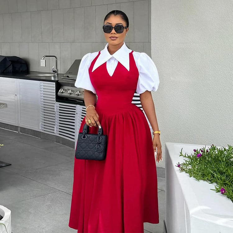 New Elegant Dress Bubble Sleeves Dresses Red High Waisted Dress for Women