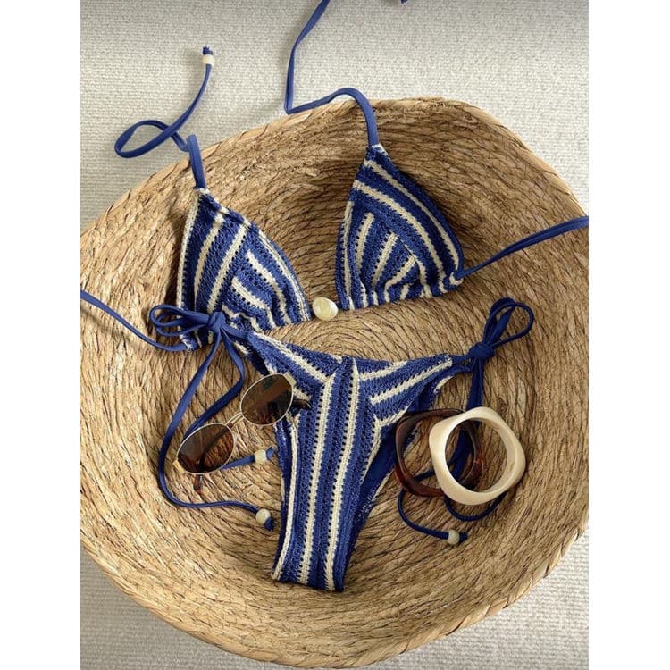 New Knitted Mesh Striped Bathing Suit Halter-Neck Tie-Side Bikini Sexy Brazilian Swimwear for Women